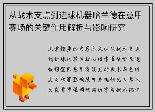 从战术支点到进球机器哈兰德在意甲赛场的关键作用解析与影响研究